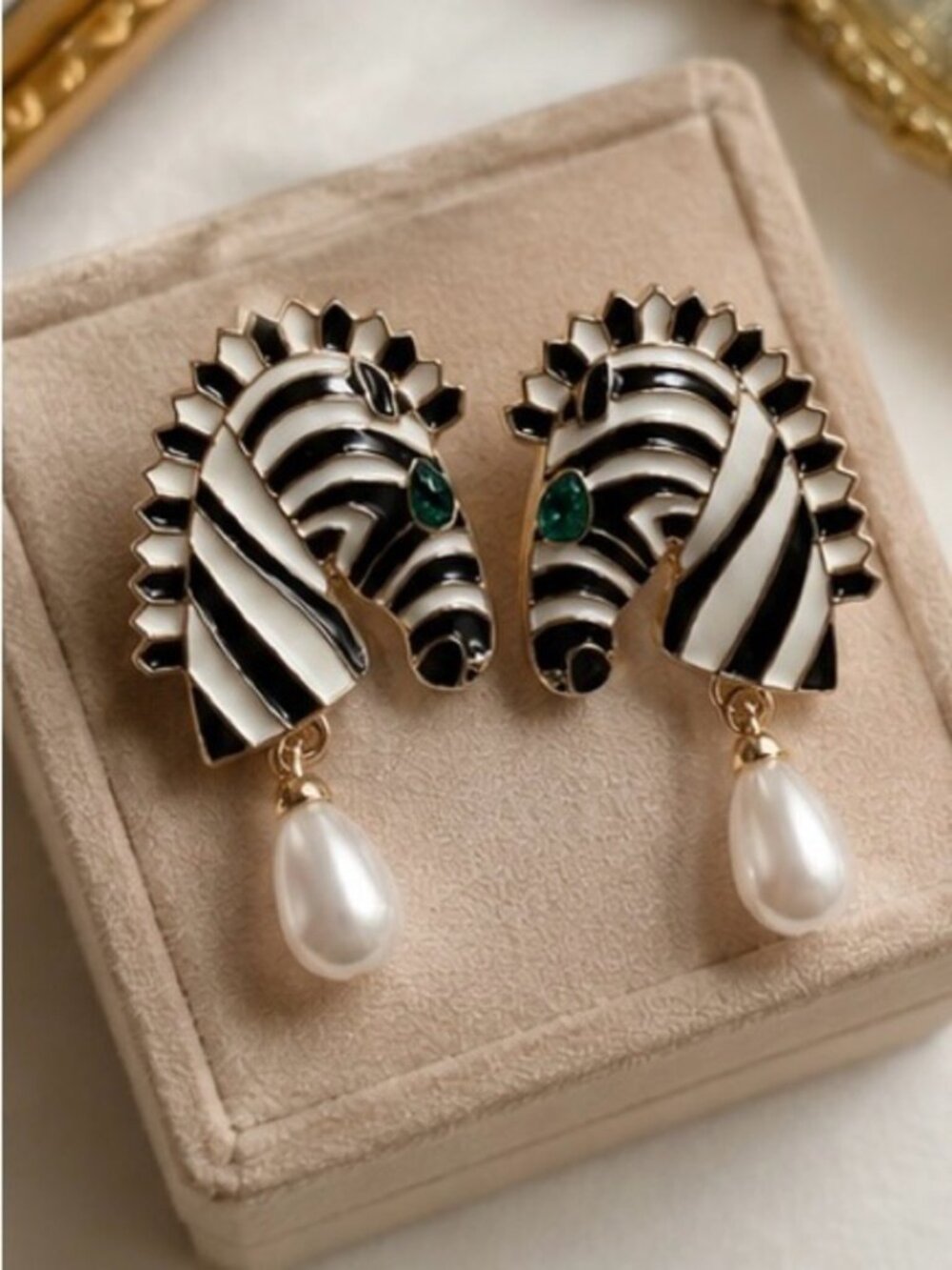 Black & White Zebra Enamel Earrings with Green Gem and Pearl Drop